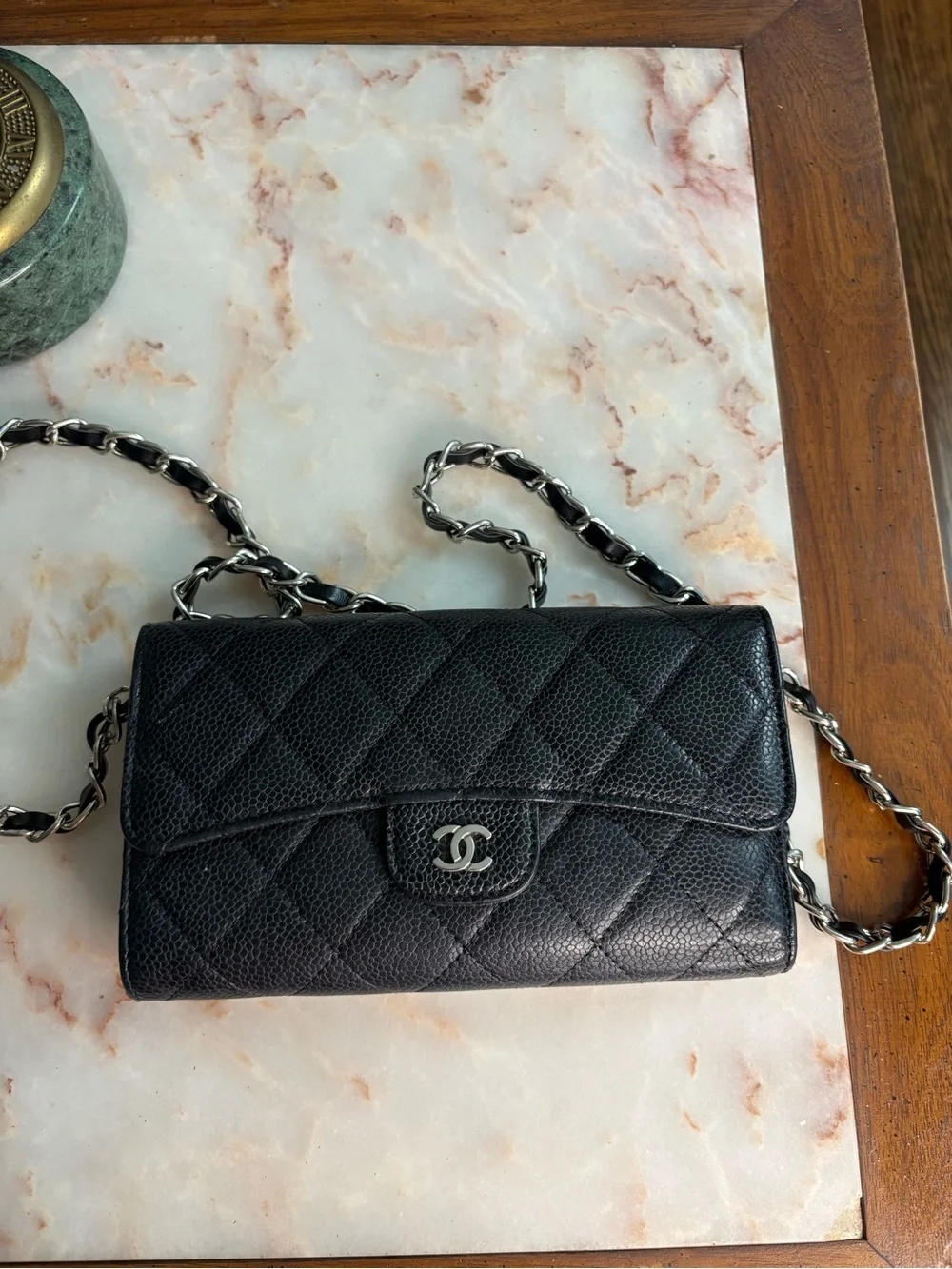 CHANEL Caviar Leather Black Quilted Classic Trifold Wallet w/ Added Chain